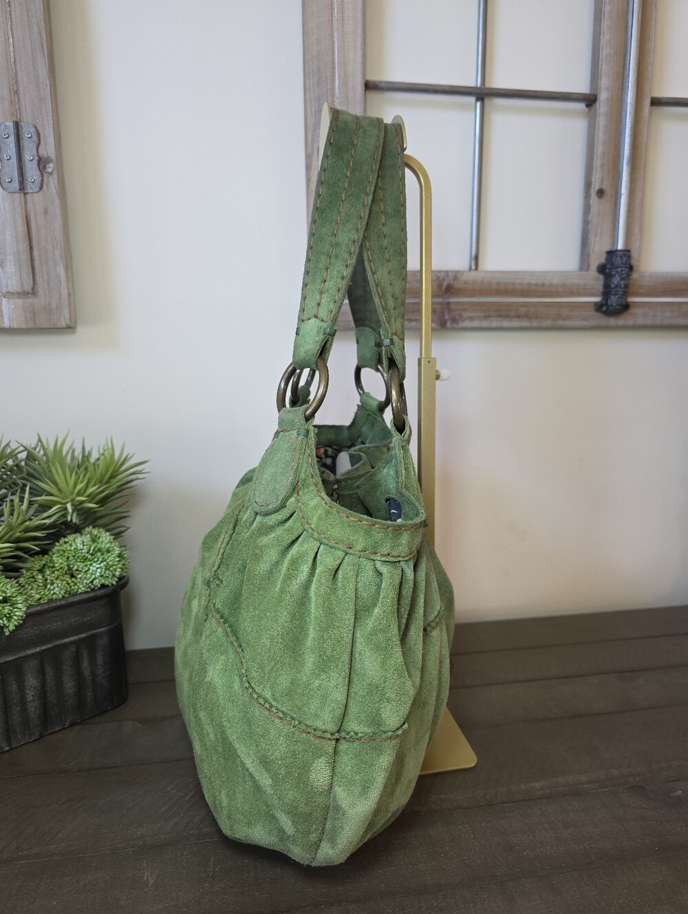 Vintage Lucky Brand Olive Green Suede Hobo Bag Floral Lining - Picture 6 of 14